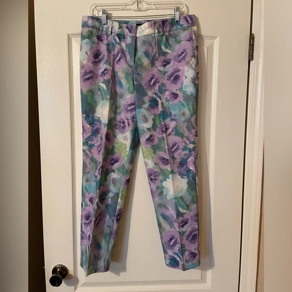 Larry Levine Women's Straight Leg Floral Stretch Trouser Flat Front Pant Size 10 - Picture 1 of 8